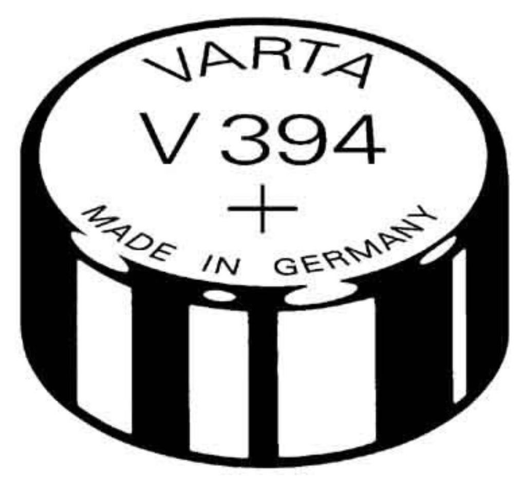 A black and white illustration of a VARTA V394 button cell battery.