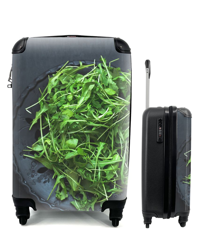 MuchoWow Koffer Handgepäck Trolley Rollkoffer Kleine Reisekoffer mit 4 Rollen - Ein Haufen frischer Rucola auf einem schwarzen Teller - Cabin Si...