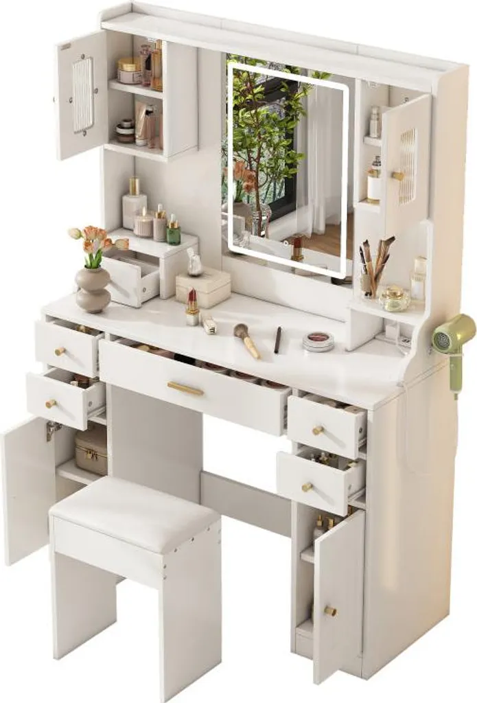 Grande coiffeuse avec éclairage LED réglable et prises, blanche - Modèle XL - 5
