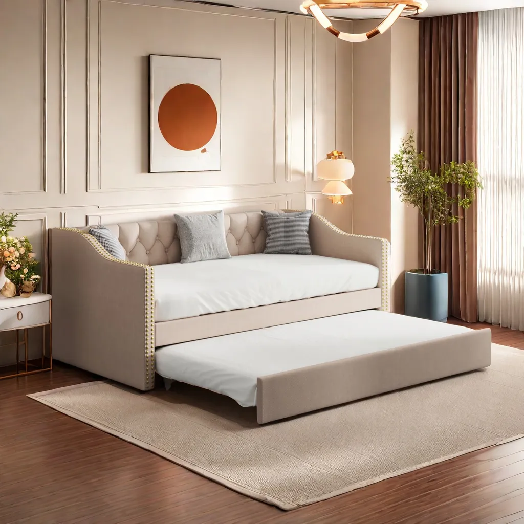 Lit d'enfant 90x200 cm en lin beige extensible avec sommier robuste