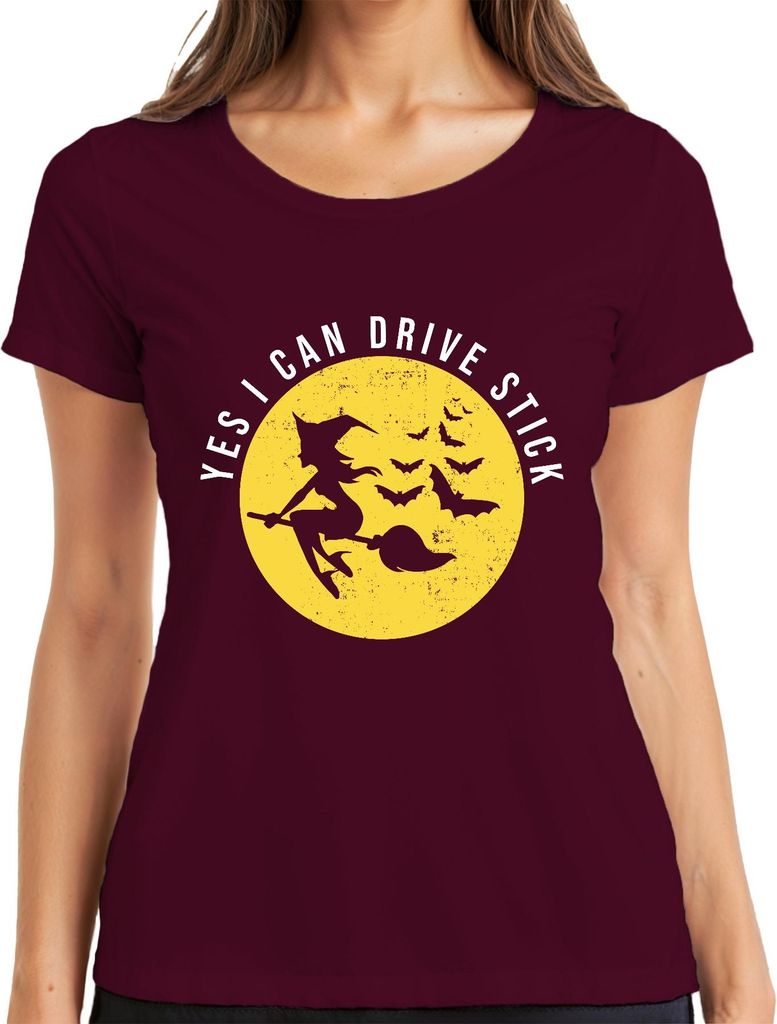 YES I CAN DRIVE STICK Hexe Besen Mond Halloween Fledermaus Grunge Damen T-Shirt, Burgundy, L
