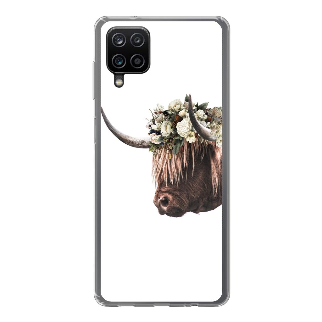 MuchoWow Handyhülle Schutzhülle Hülle für Samsung Galaxy A12 Schottischer Highlander - Kuh - Rosen Silikon Softcase Handy Hülle - Bild