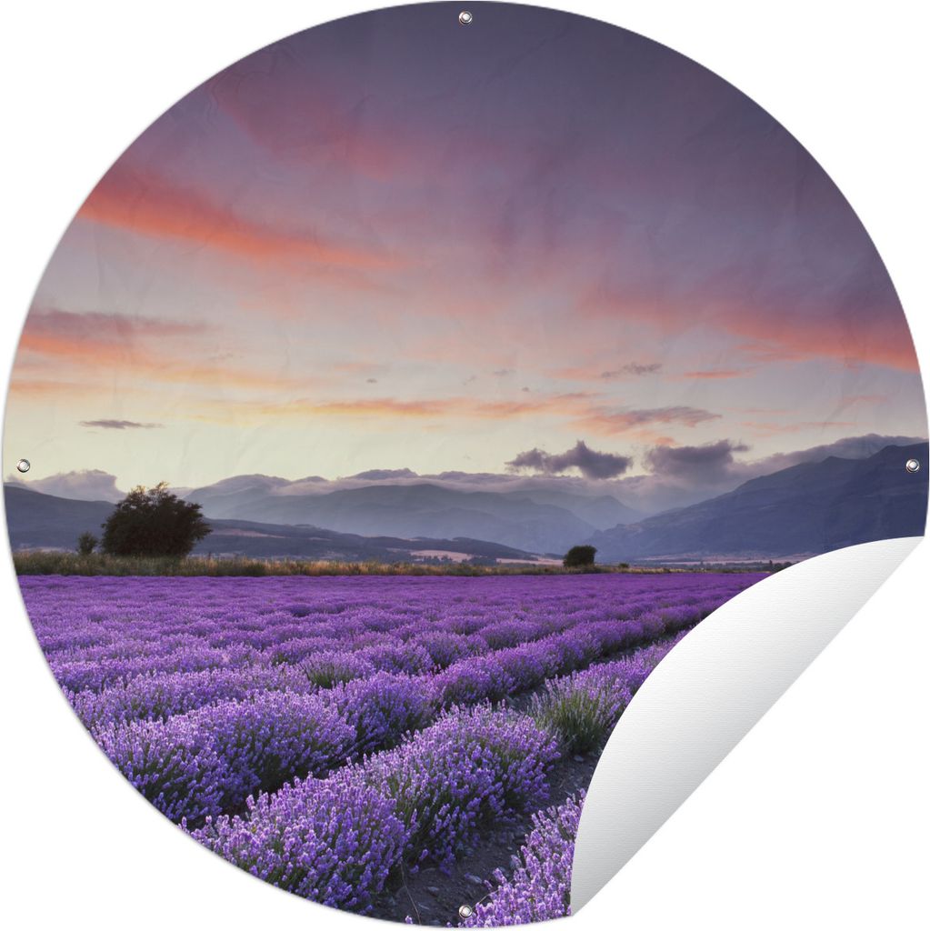 MuchoWow Gartenposter Outdoor-Poster Rund Ein schönes Lavendelfeld bei Sonnenuntergang Ø 120 cm Gartendeko Rundes Poster draußen