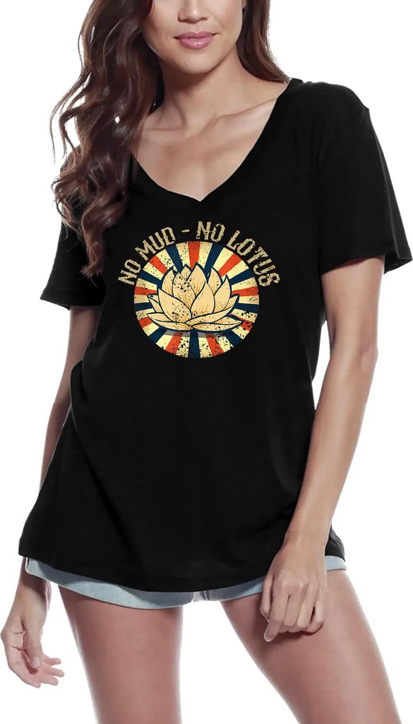 Damen Grafik T-Shirt V-Ausschnitt Kein Schlamm kein Lotus - Yoga Frieden – No Mud No Lotus - Yoga Peace – Öko-Verantwortlich Vintage Jahrgang ...