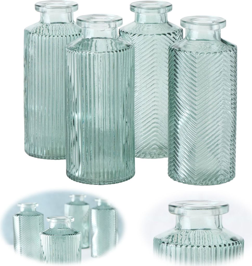 LS-LebenStil 4x Retro Glas-Vase 14cm Salbei-Grün Set Blumenvase Deko Tischvase Blumenvase Väschen Fläschchen Flaschenvasen Apothekerglas