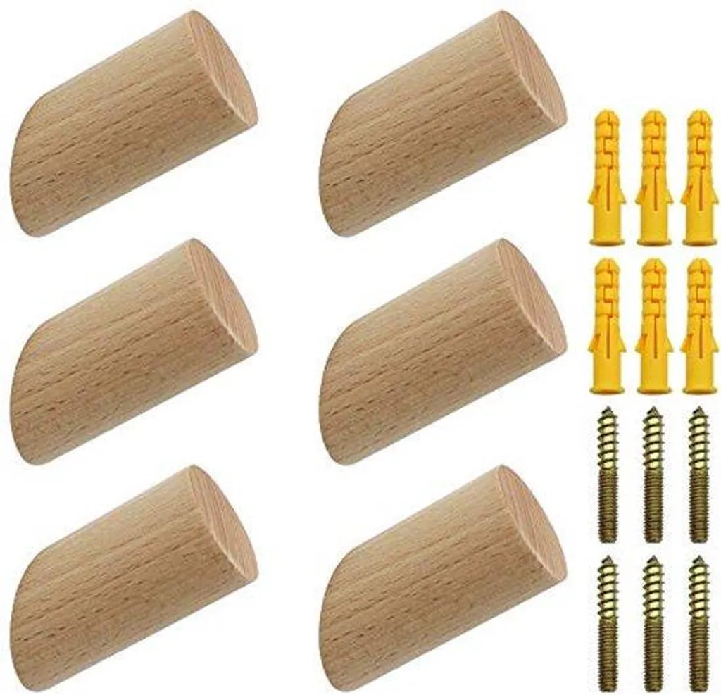 Patère murale ronde en bois de hêtre naturel lot de 6 crochets 6 cm