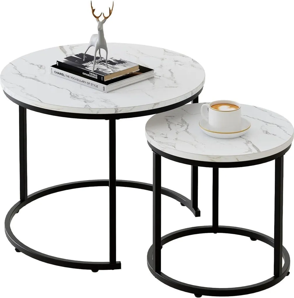 Table basse ronde gigogne en marbre Noir & Blanc et châssis métal