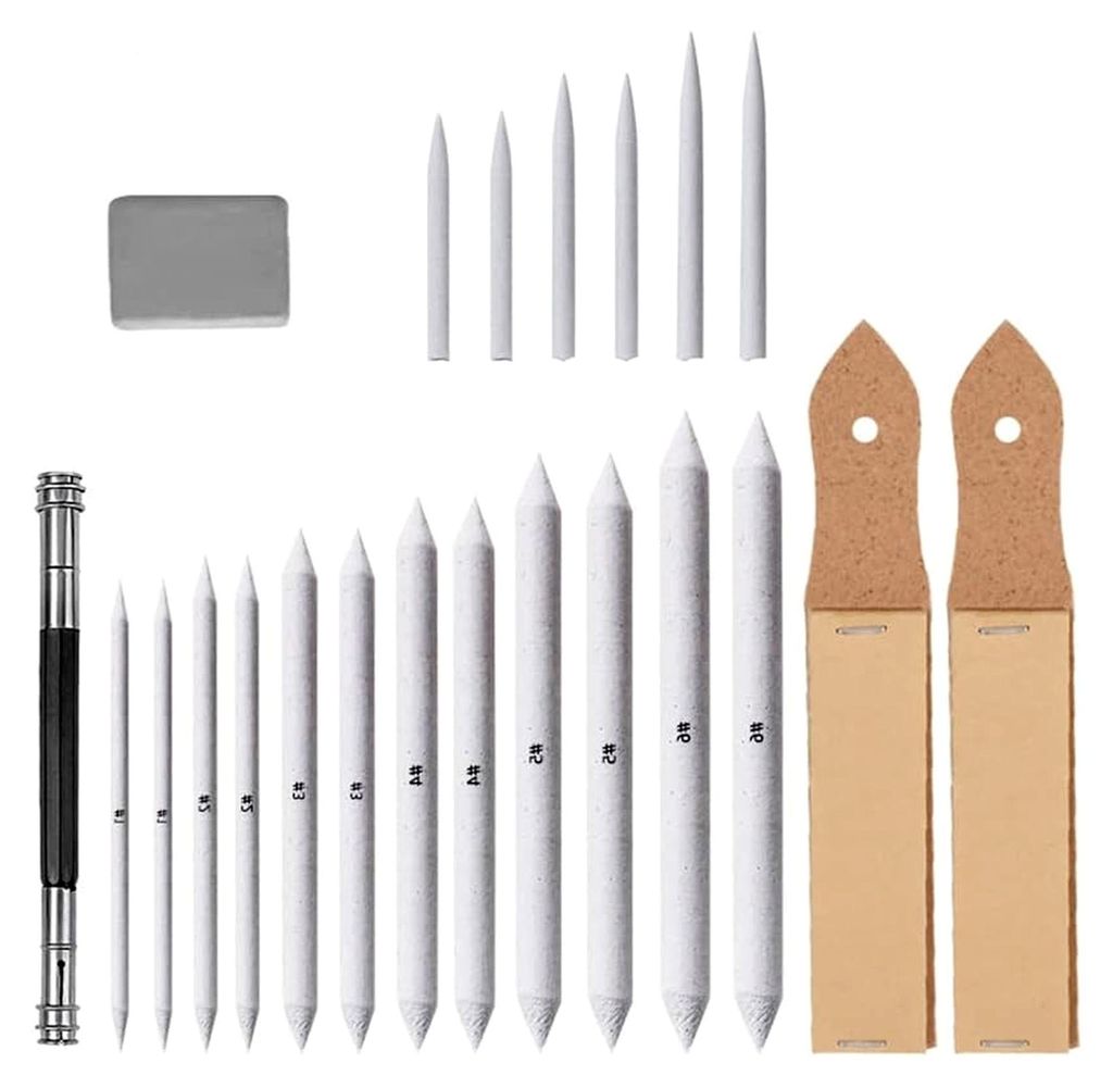 22-teiliges Set mit Mischstümpfen, Tortillions, doppelseitiger Bleistiftverlängerung, formbarem Radiergummi, Schleifpapier und Bleistiftspitzer