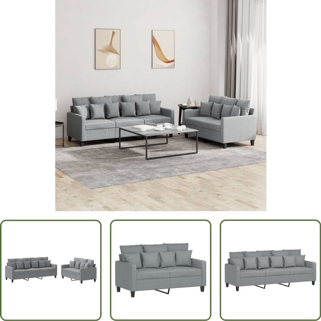 The Living Store 2-tlg. Sofagarnitur mit Kissen Hellgrau Stoff