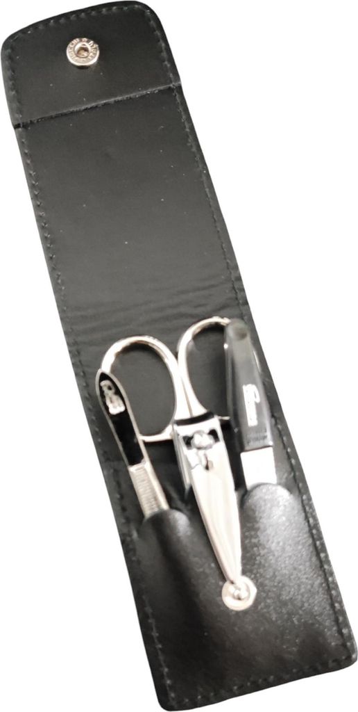 4-teiliges Solingen* Maniküre Set mit echt Leder Etui, Nagelschere, Feile, Pinzette Schwarz