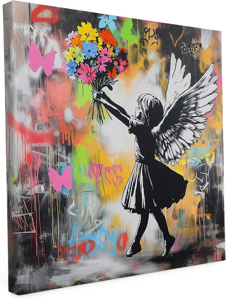Banksy Motiv - Mädchen Flügel Blumen - 40 x 40 cm - Wandbild auf Leinwand - matter Kunstdruck - Graffiti - Street Art - 2cm Holzrahmen - Keilrahmen