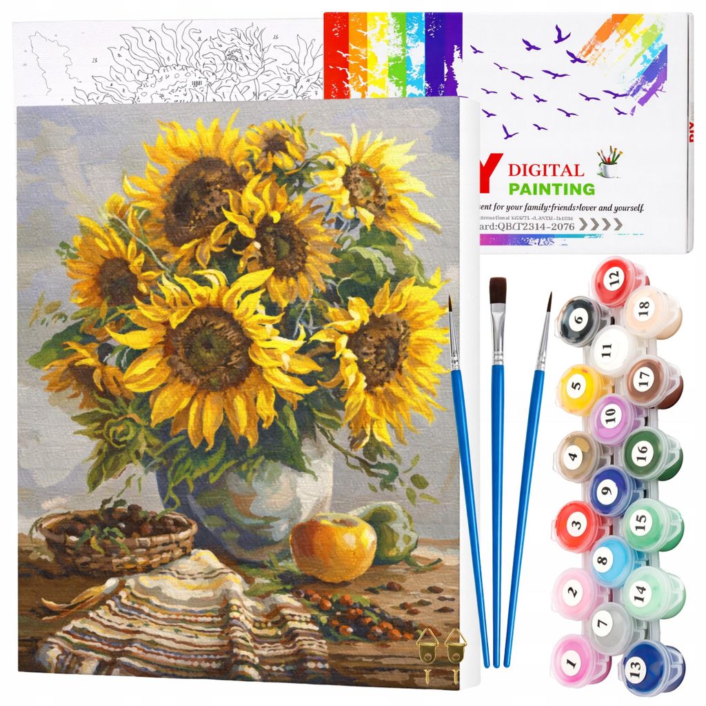 EDIBAZZAR | Malen nach Zahlen mit Rahmen, 40 x 50 cm Leinwandbild „Sonnenblumen in einer Vase“
