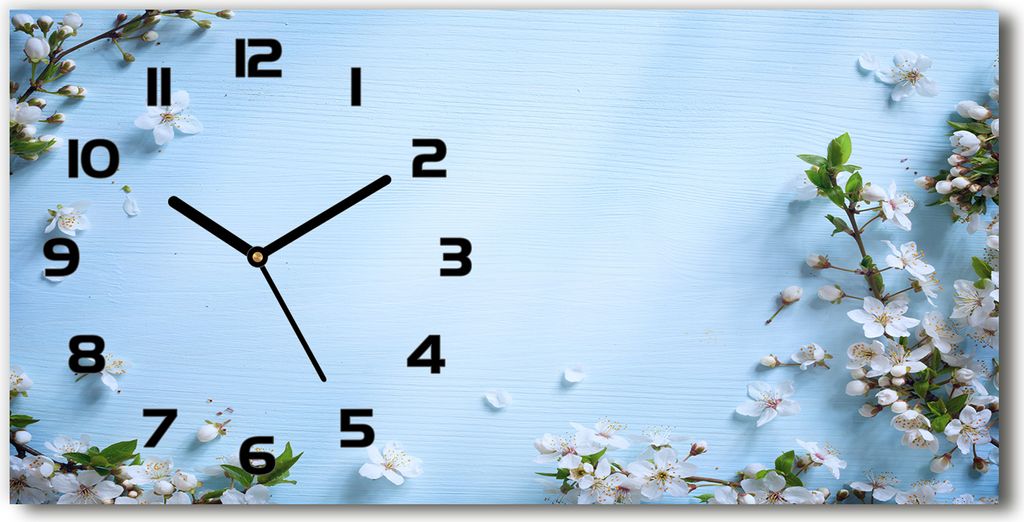 Wanduhr aus Glas – 60x30 cm - Glasbild - Glasuhr - Gehärtetes Glas - schwarze-zeiger - Kirschblüten Hintergrund