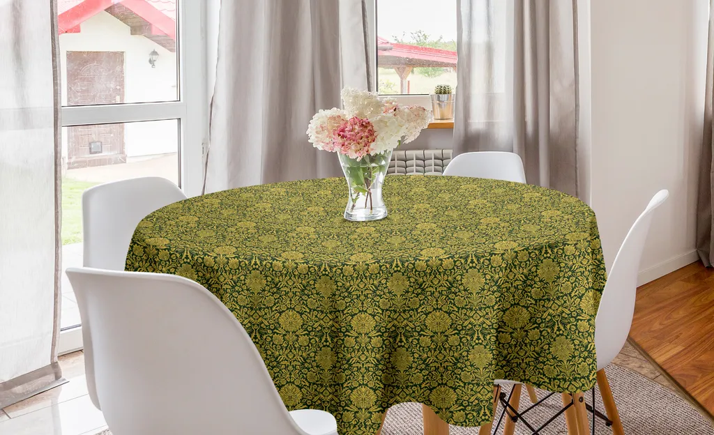ABAKUHAUS Tovaglia rotonda con motivi floreali, motivo floreale barocco, tovaglia circolare per sala da pranzo, decorazione per cucina, 150 cm, verde terra giallo