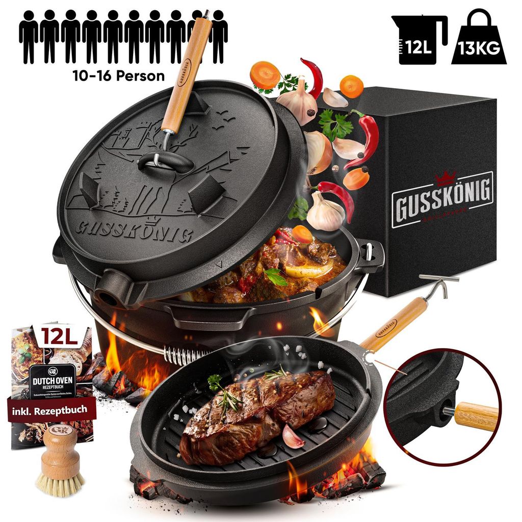 GUSSKÖNIG Dutch Oven Set [12L] mit Füßen - Eingebrannter Feuertopf mit innovativem 2in1 Deckelheber, Bürste und Rezeptbuch [für 8-10 Personen]