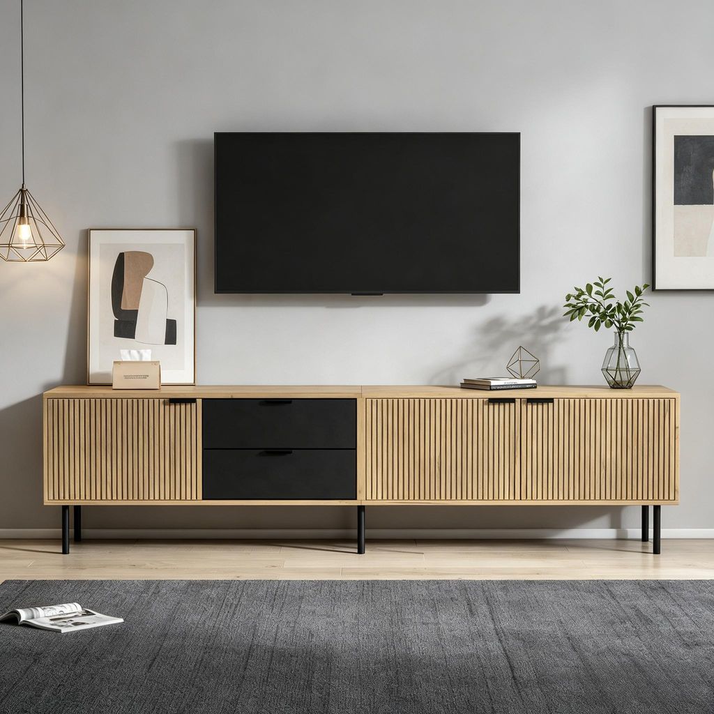 Merax TV Lowboard mit 3 Türen und 2 Schubladen, TV Schrank mit Kabelmanagement, modernes TV Board für Fernseher bis 85 Zoll, Schwarz Holzoptik