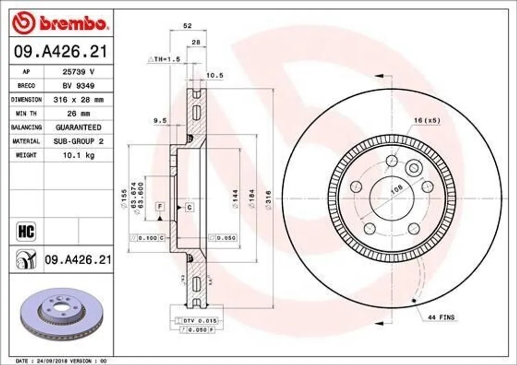 Disque de frein ventilé Brembo OE 31400764 pour berlines Volvo V60