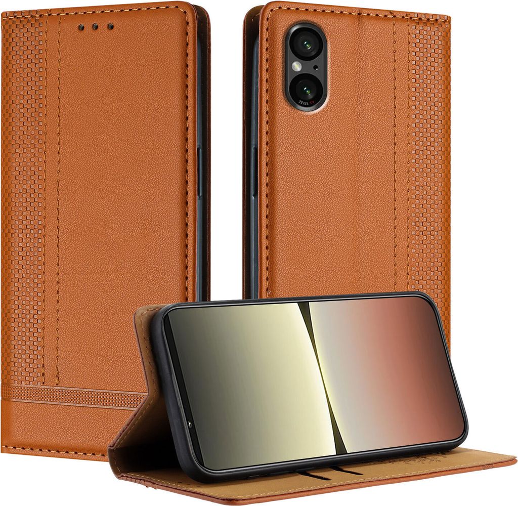 Handyhülle für Sony Xperia 5 V Leder Flip Klappbare Schutzhülle mit Standfunktion Braun