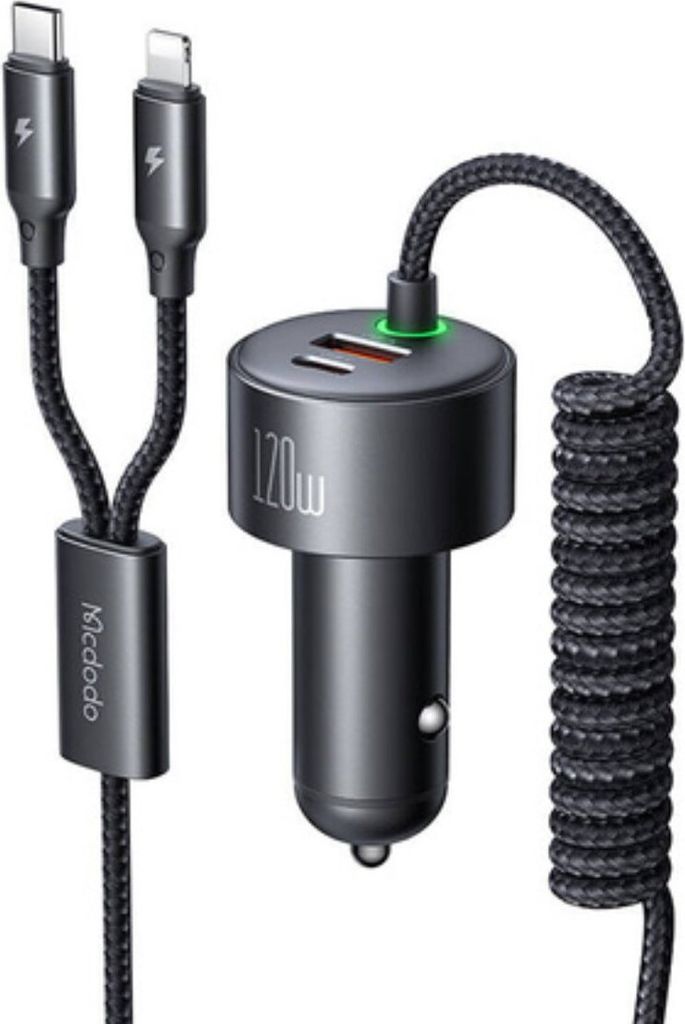 Mcdodo CC-0370 car charger, USB-C, Lightning, 120W, retractable cables