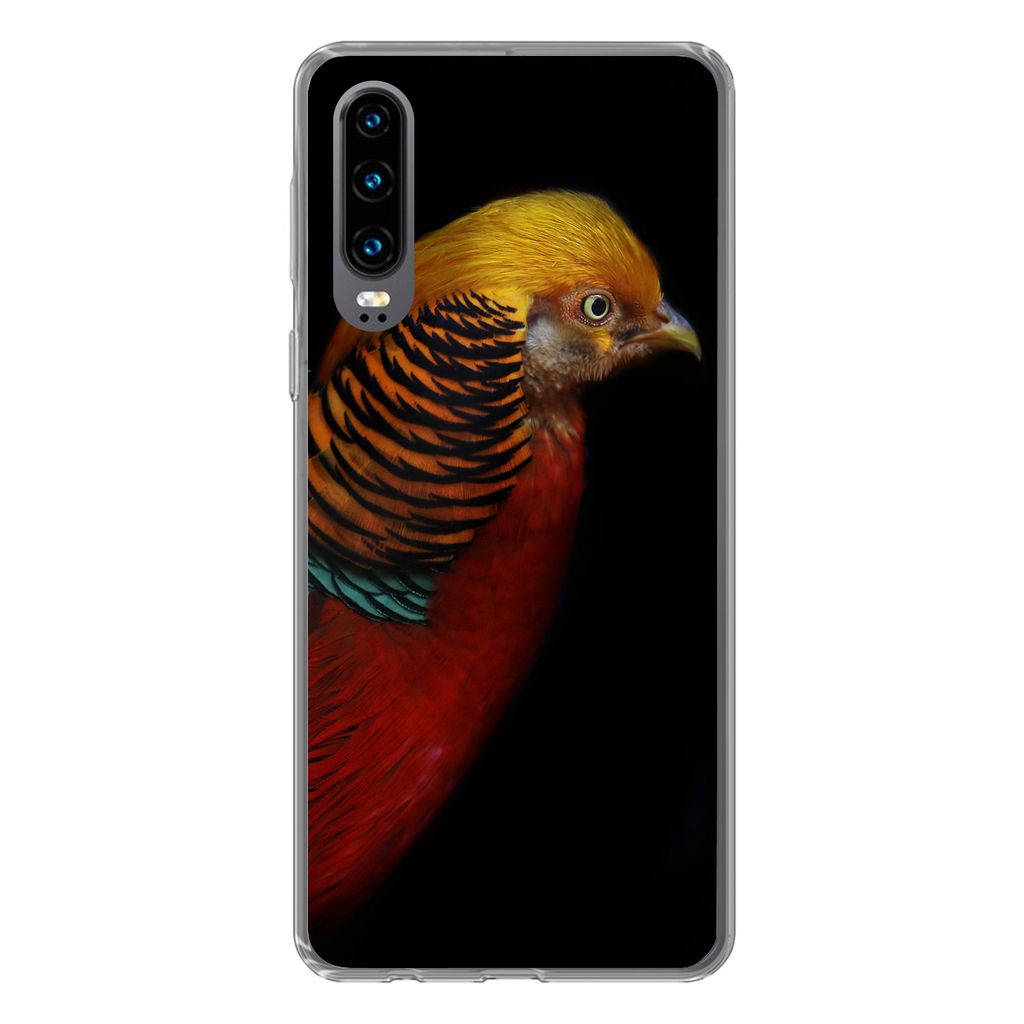 MuchoWow Handyhülle Schutzhülle Hülle für Huawei P30 Vogel - Federn - Schwarz - Porträt Silikon Softcase Handy Hülle