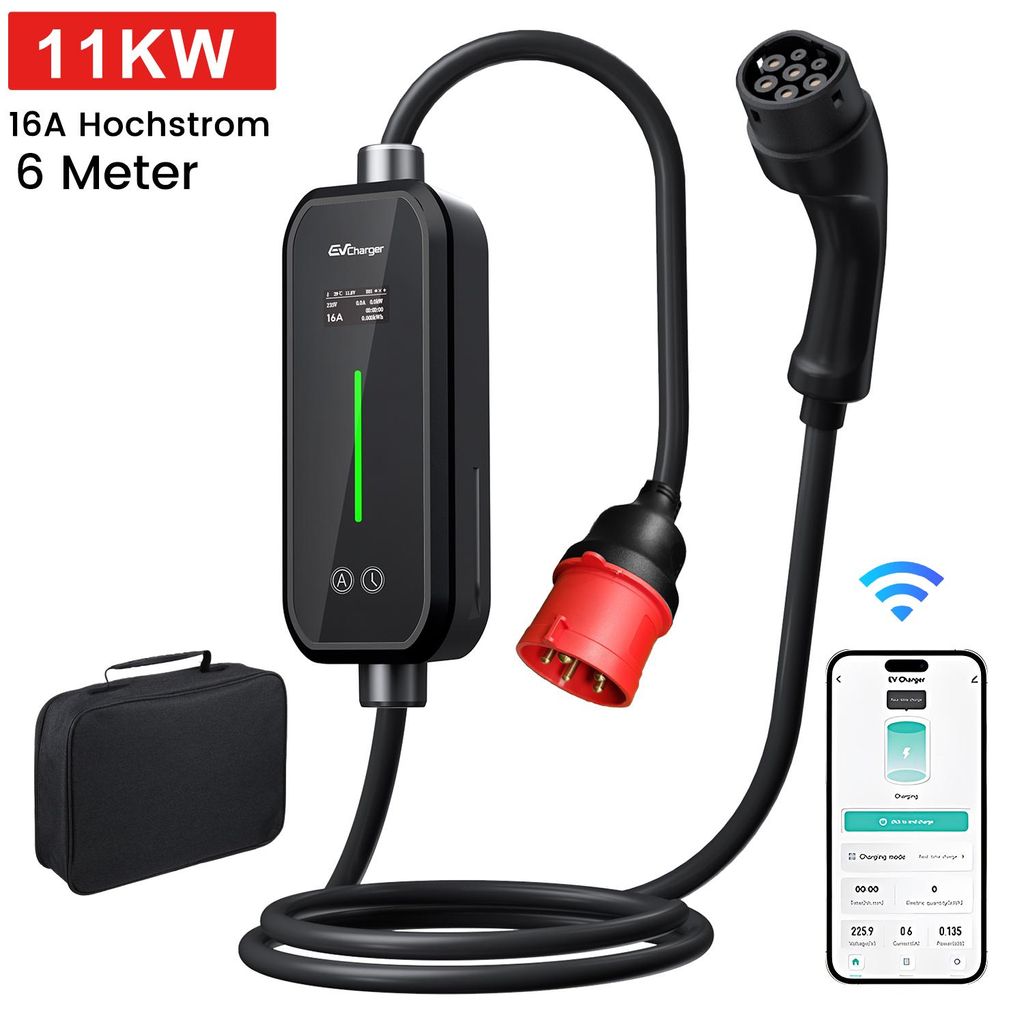 Tragbares EV Ladegerät für Elektroautos 11 kW Type 2 6m Ladekabel 6-16A mit CEE Stecker, APP Steuerung & LCD-Display Mobile Wallbox
