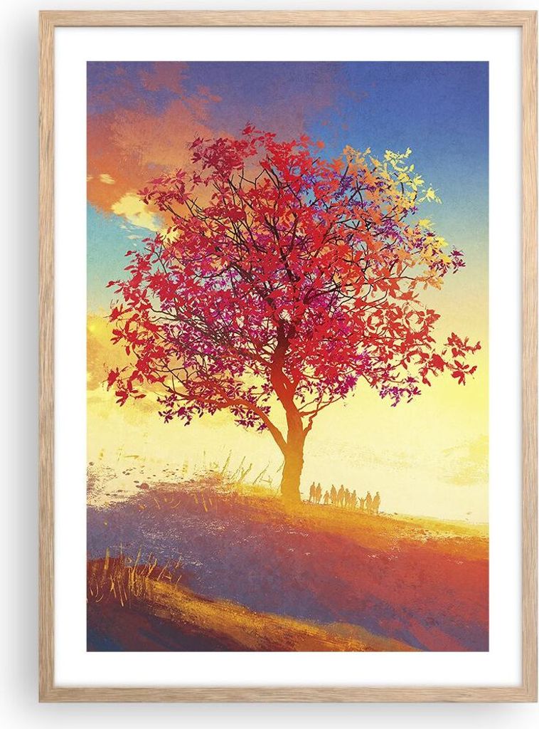 Gerahmtes Poster - Rahmen in heller Eiche - Baum Wiese Feld - 50x70 cm - Wand Bild - Wanddeko - Wandbilder - Kunstposter - Wandposter - Bilderrahme...