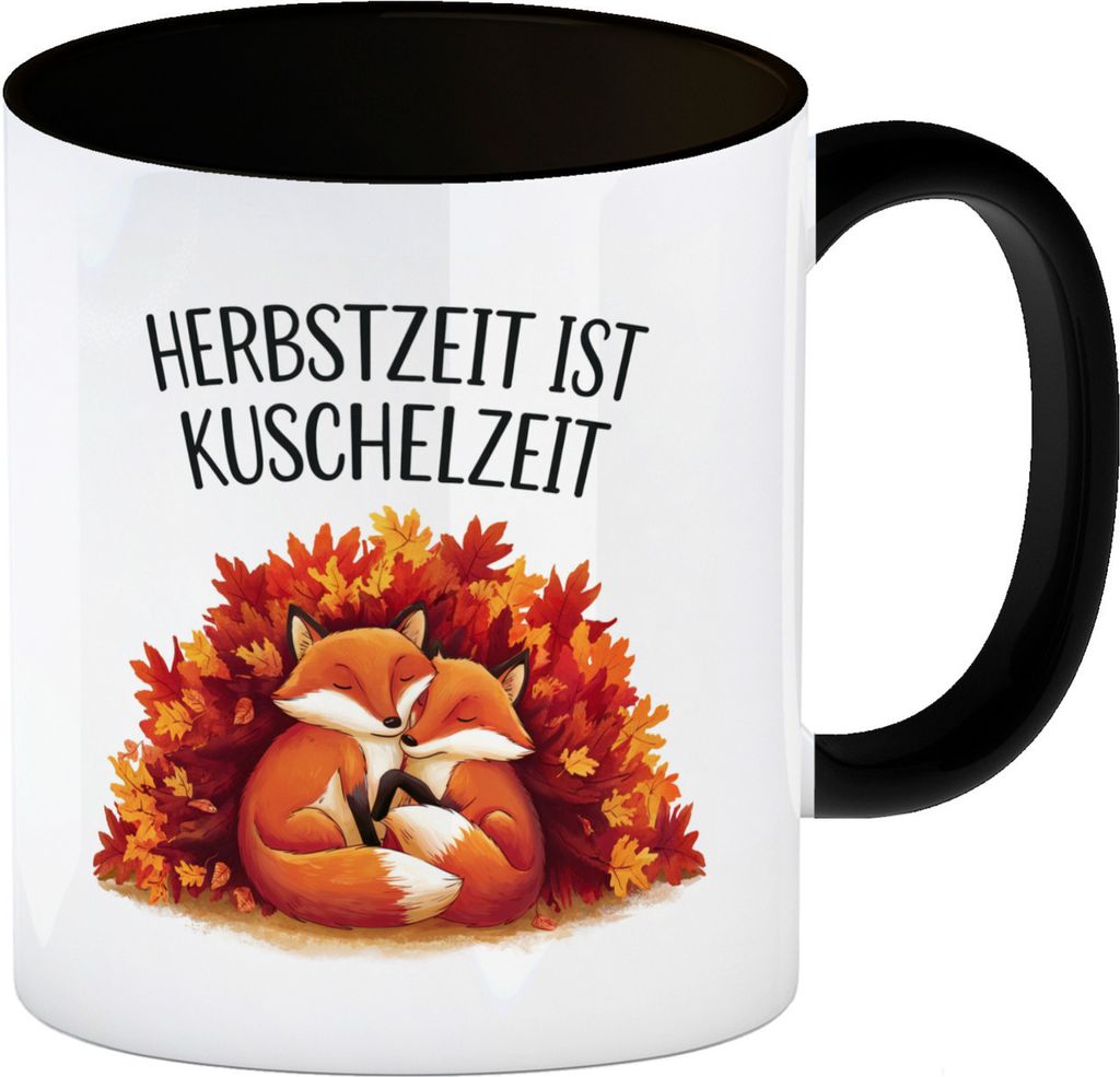 Herbstzeit ist Kuschelzeit Kaffeebecher in schwarz mit kuschelnden Füchsen