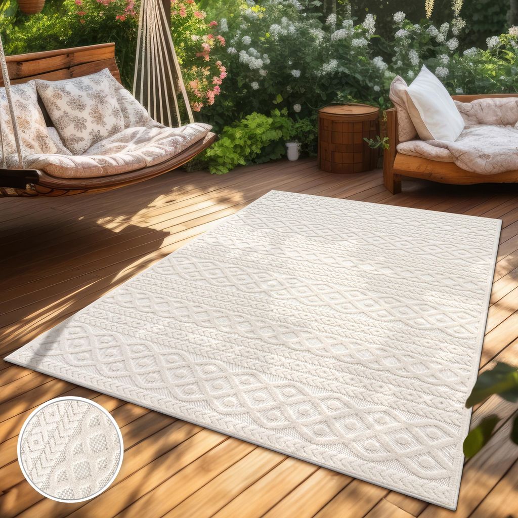 Outdoor Teppich Wetterfest Balkon Wohnzimmer Einfarbig Boho Skandi Muster Creme Grösse 240x340 cm