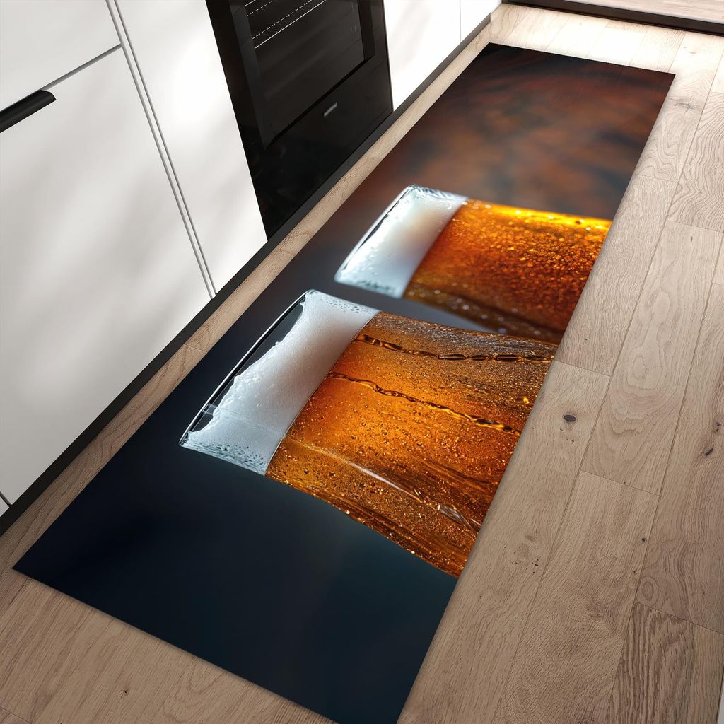 Küchenteppich 60x90cm rutschfest & abwischbar PVC Läufer - Zwei Biergläser Holz