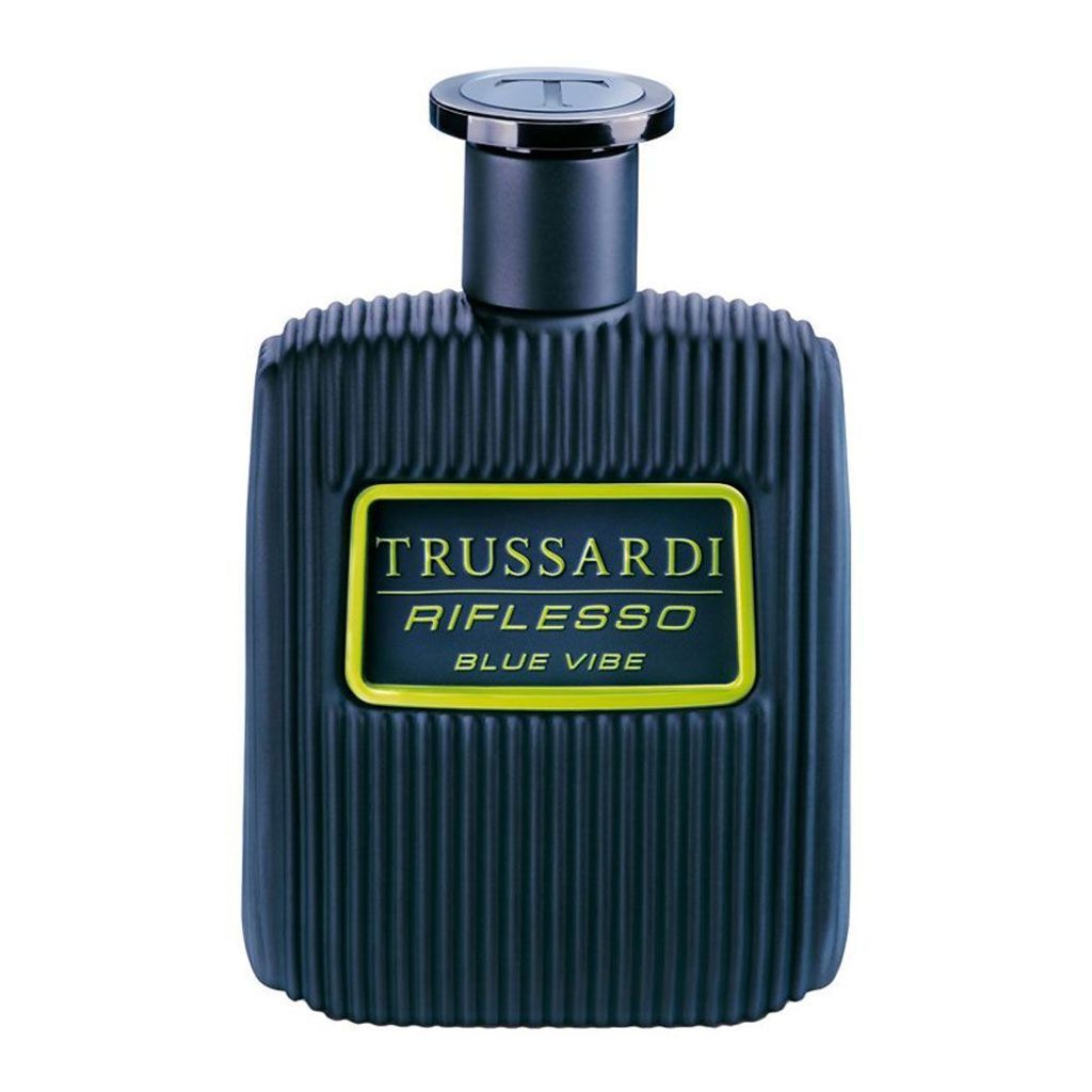 A studio shot of a blue perfume bottle with a yellow label.