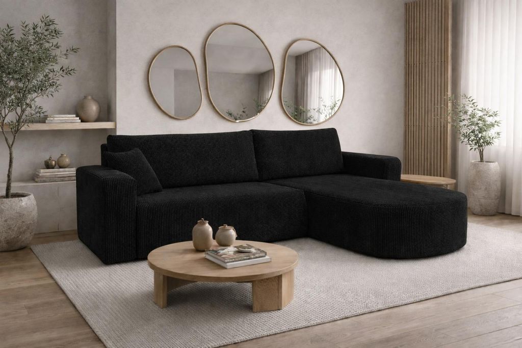 Kaiser Möbel Ecksofa mit Schlaffunktion, Cordstoff Poso, Schwarz, Rechts, ROUND ONE XL