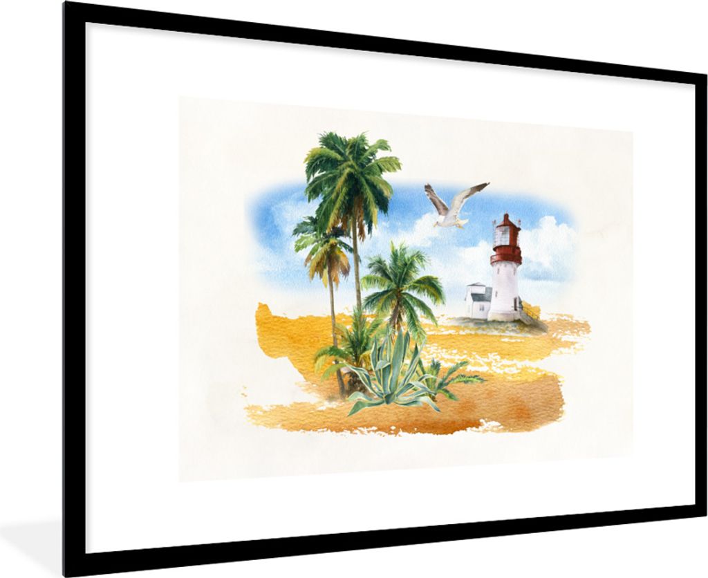 MuchoWow MuchoWow Gerahmtes Poster Leuchtturm - Palme - Strand 90x60 cm - Poster mit zchwarzem Bilderrahmen - Wanddekoration - Fotos
