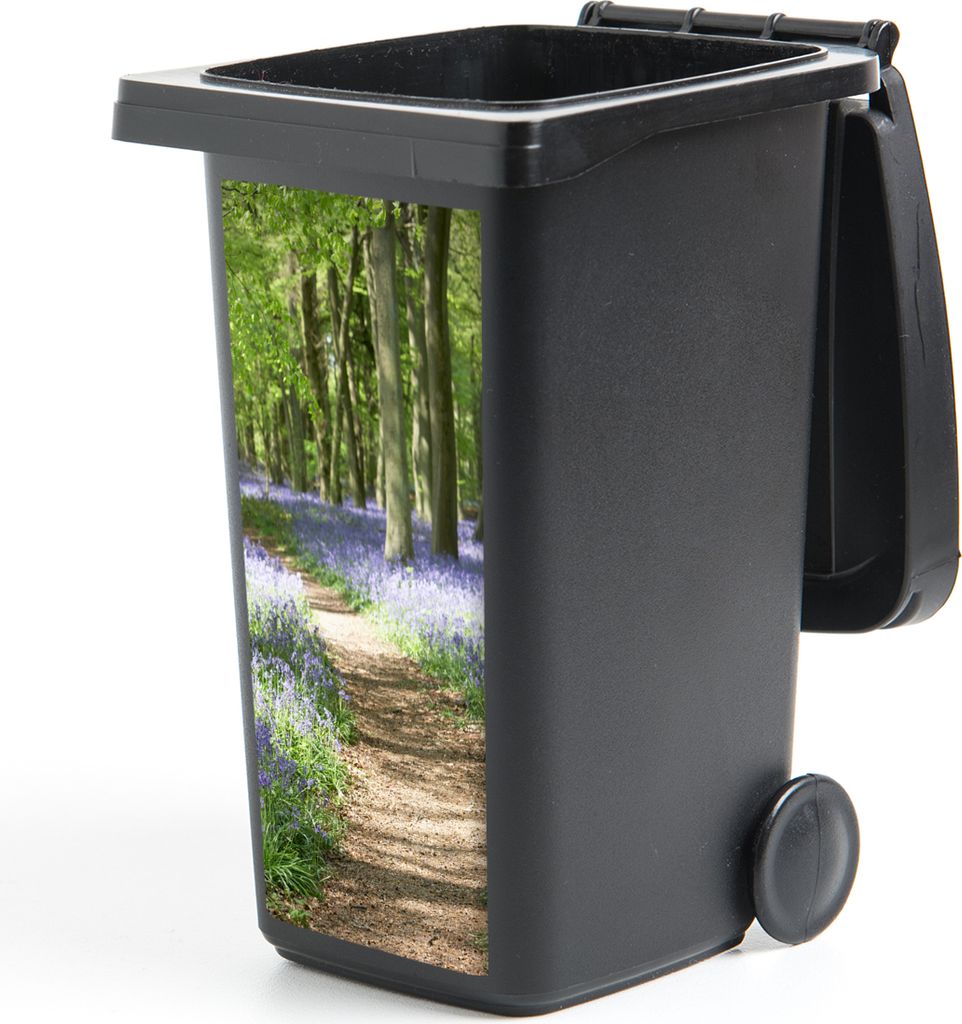 MuchoWow Mülltonnenaufkleber Wald - Weg - Blumen - Lila - Grün - Natur 44x98 cm - Containeraufkleber - Aufkleber - Mülltonnen-Aufkleber