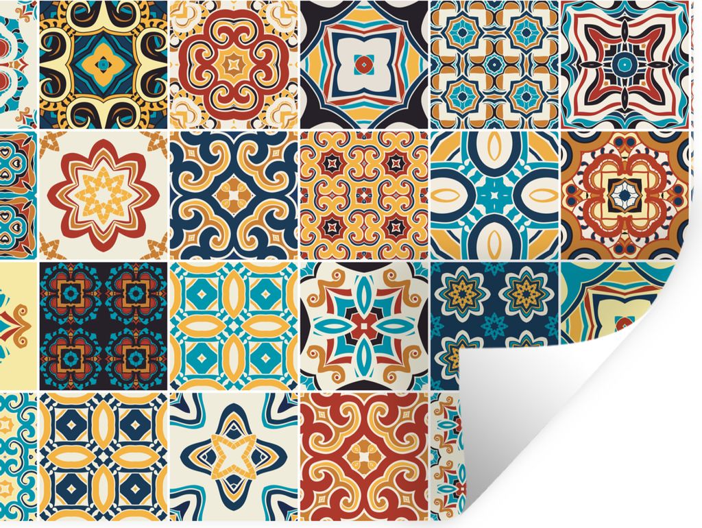 MuchoWow Wandtattoo Wandsticker Wandaufkleber Blumen - Vintage - Muster - Blau - Orange 40x30 cm Selbstklebend und Repositionierbar - Faltenfrei