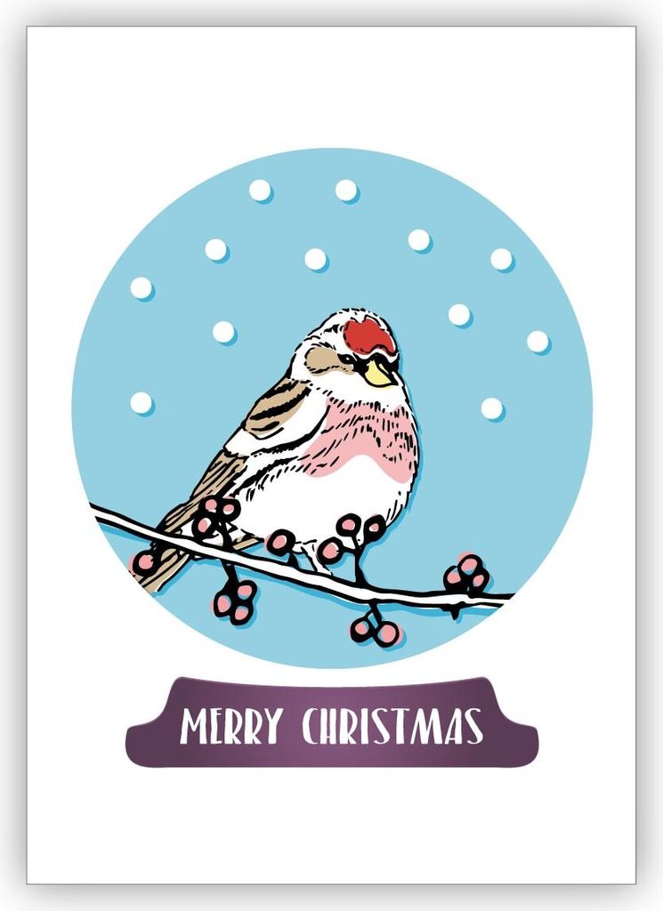 Edle moderne Weihnachtskarte mit kleinem Vogel in Weihnachts Schneekugel: Merry Christmas