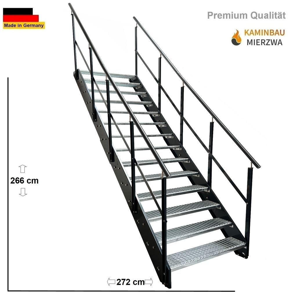 Stahl Wangentreppe Gitterroststufen 14 Stufen beidseitiges Geländer - Verzinkt & Anthrazit pulverlackierten Seiten - (B x H x T) 140 x 266 x 272 cm