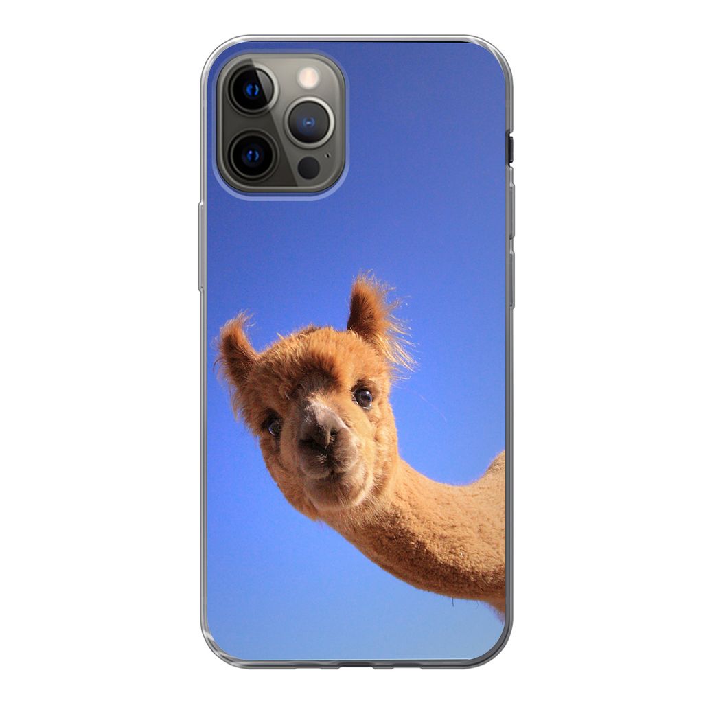 MuchoWow Handyhülle Schutzhülle Hülle für iPhone 13 Pro Alpaka - Braun - Blau Silikon Softcase Handy Hülle - Handy-Tasche