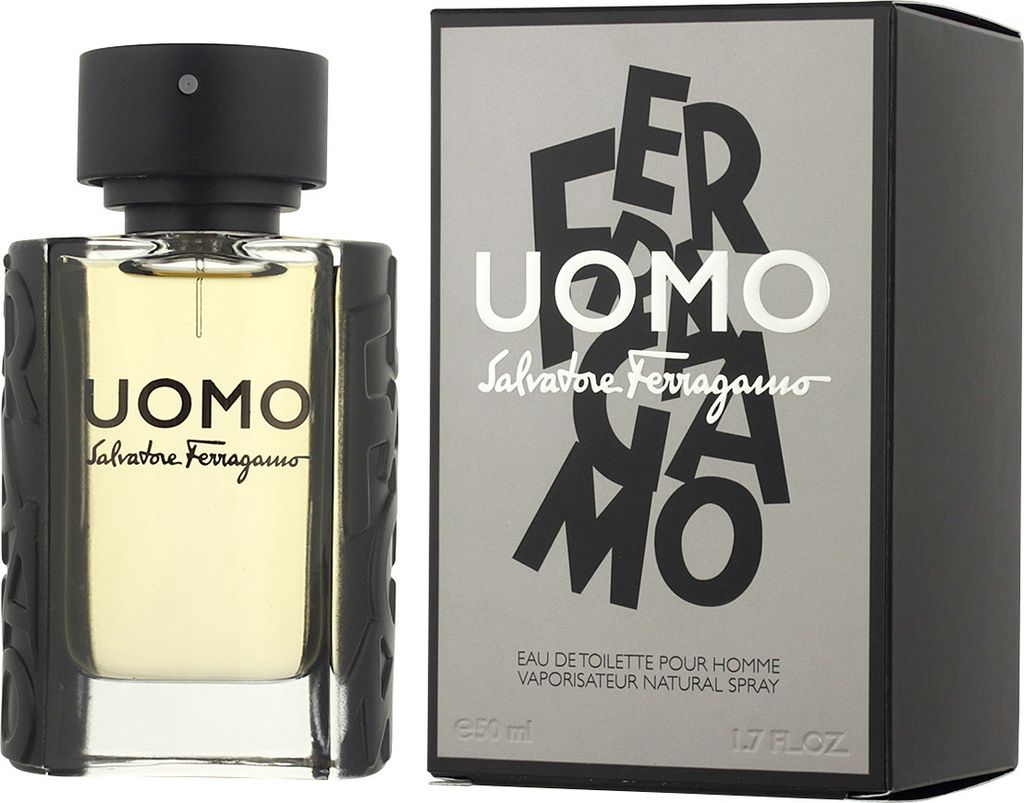 A bottle of Salvatore Ferragamo Uomo Eau de Toilette and its packaging are displayed side-by-side against a white background.