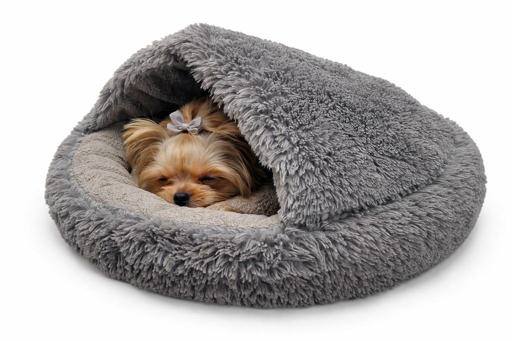 ODOL-PLUSZ Rundes Hundebett und Katzenbett 60cm, Grau, Shaggy Bouclé, Schlafsack-Design, Warmes Höhlenbett, Rutschfester Boden, Maschinenwaschbar