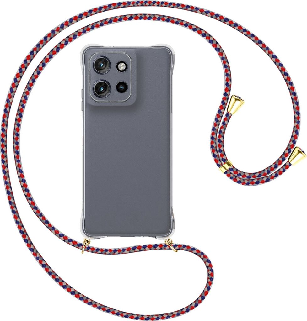 Handykette Backcover-Schutzhülle mit Band (Metall goldfarben) für Motorola Moto G Power 5G (2025) - silber/blau/rot