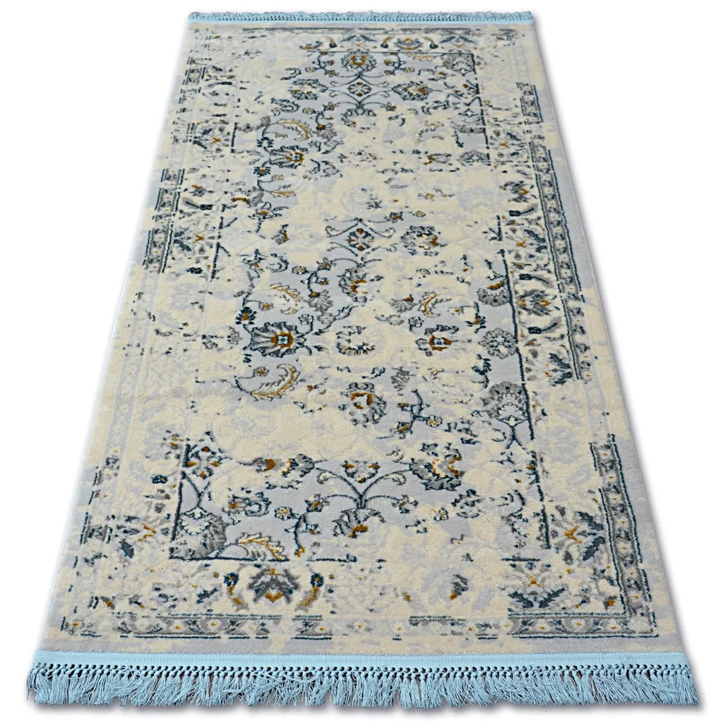 Tapis de salon Manyas en acrylique ivoire et or, franges 80x150 cm