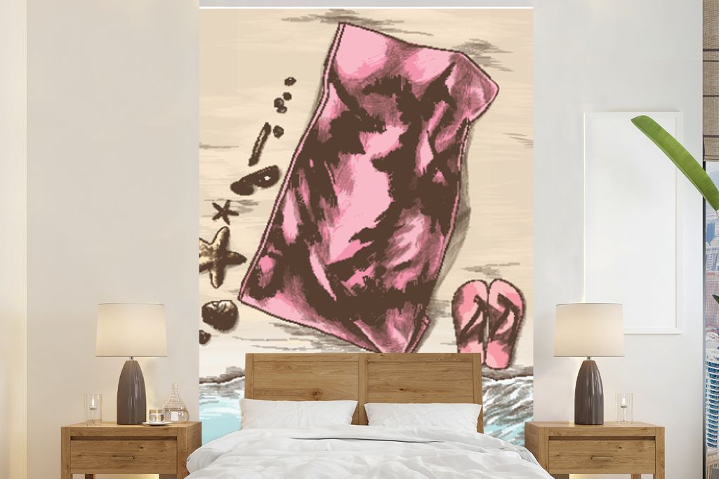MuchoWow Fototapete für Wohnzimmer oder Schlafzimmer Wandtapete Vinyl Motivtapete Handtuch - Strand - Hausschuhe - 145x220 cm - Wanddekoration