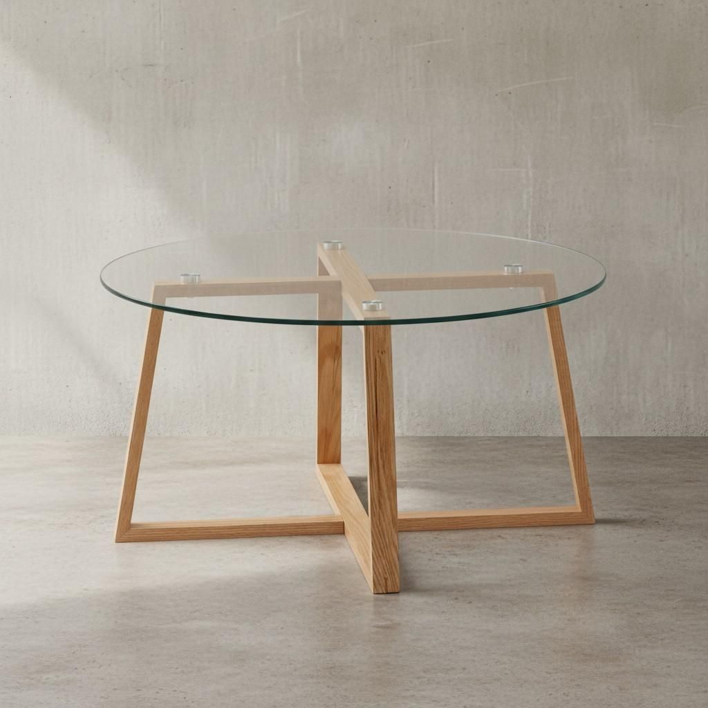 Couchtisch 78x78x41 cm Sofatisch Eiche Massivholz / Glas Rund, Design Wohnzimmertisch Modern, Holztisch Stubentisch Groß, Kaffeetisch Tisch Wohnzi...