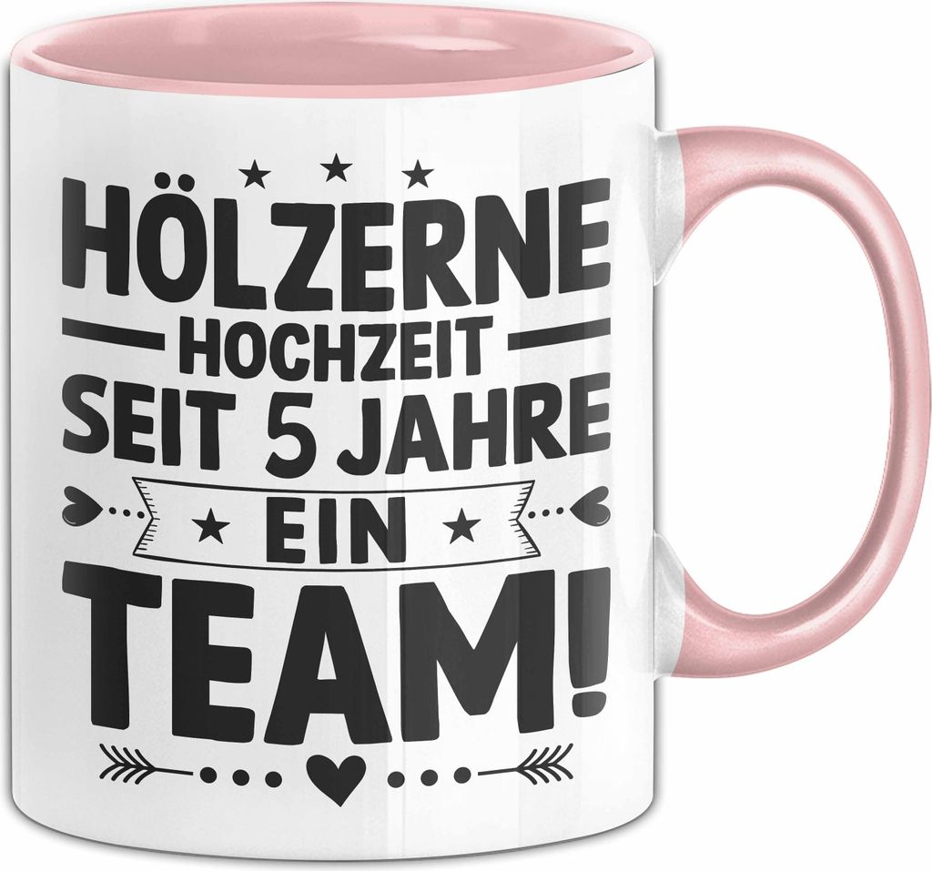 Hölzerne Hochzeit Tasse Geschenk Ehemann Ehefrau Partner 5 Jahre Ein Team (Rosa)