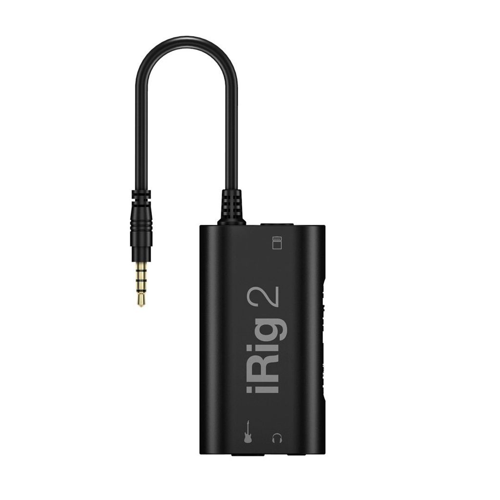 A black IK Multimedia iRig 2 audio interface with a connected cable and plug.