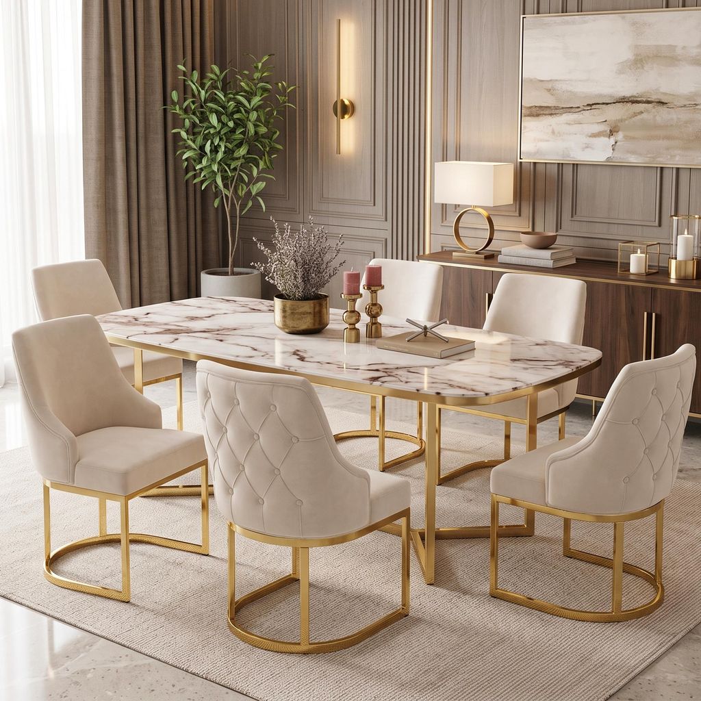 Set di 6 sedie da pranzo Flieks, con gambe placcate in oro, Immagine del prodotto 