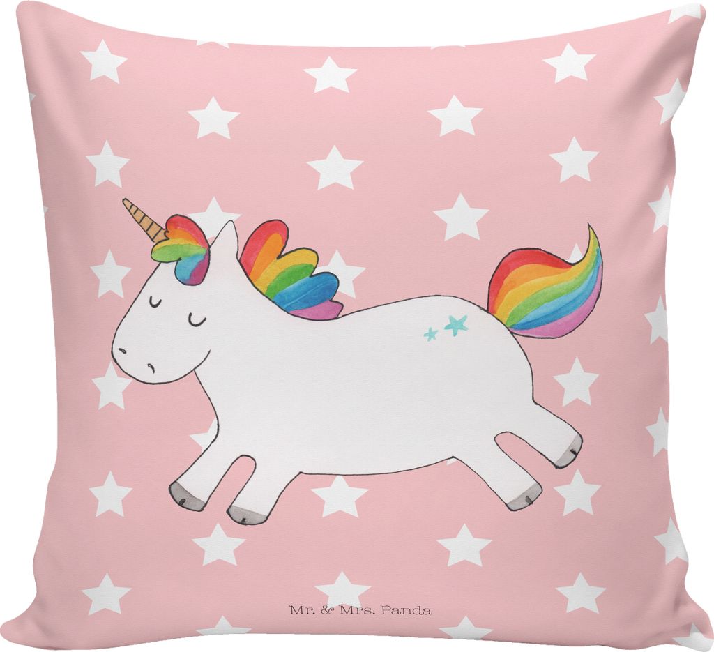 Mr. & Mrs. Panda Deko Kissen Einhorn Happy - Rot Pastell - Geschenk, Fröhlich, Spaß, Unicorn, Einhörner, Polster, Sofakissen, Sofa, Lachen, Witz...