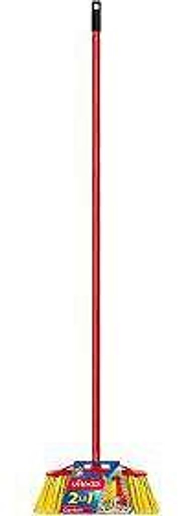 A Vileda broom with a red handle and yellow bristles against a white background.
