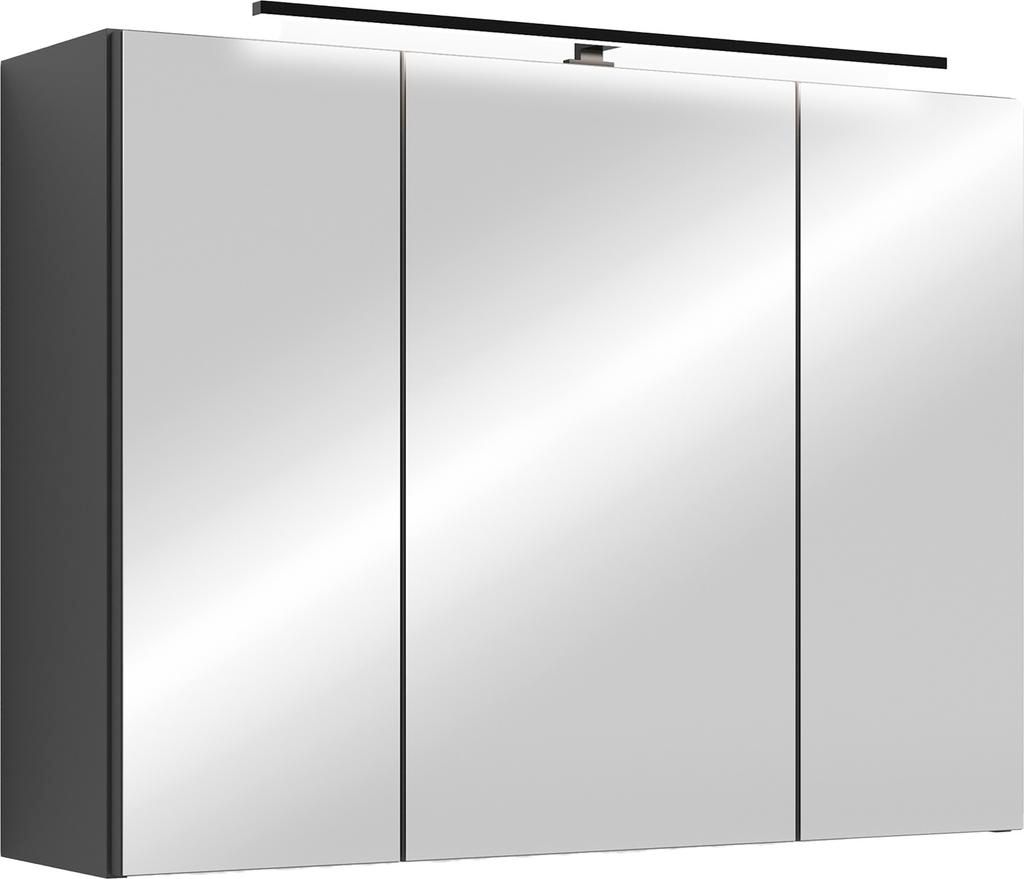 A three-door mirrored cabinet with a light fixture above it, set against a white background.