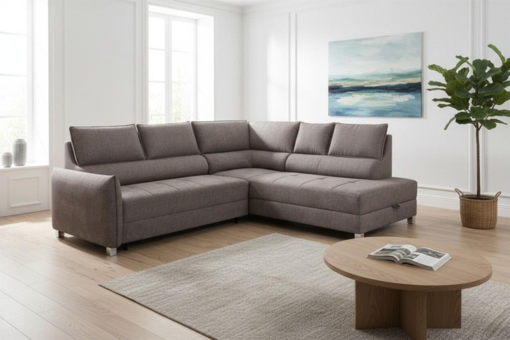 Ecksofa Schlafsofa Sofa MARNO in Stoff Chill Me Dunkelbleige Ottomane Rechts